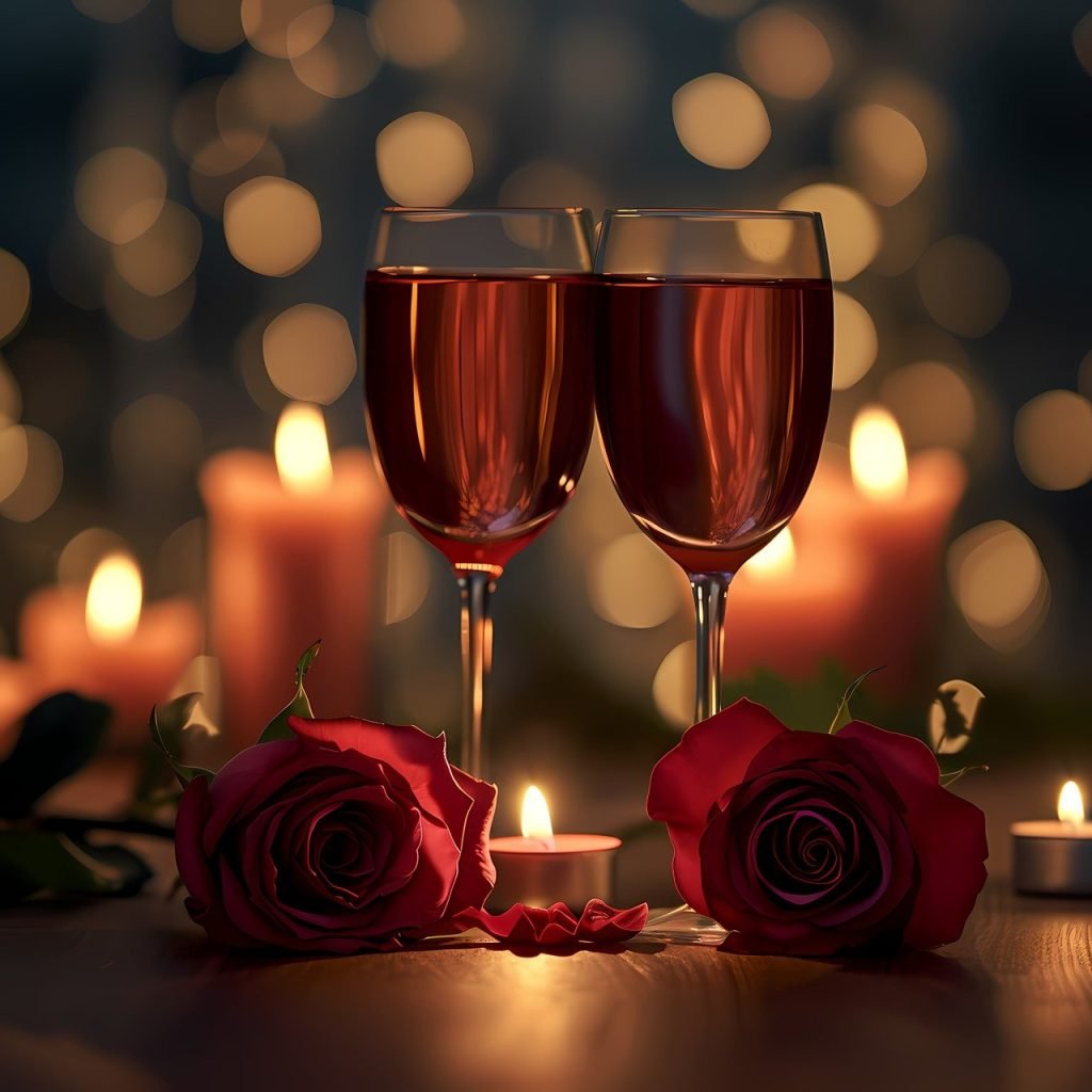 Two glasses of red wine with two red roses.