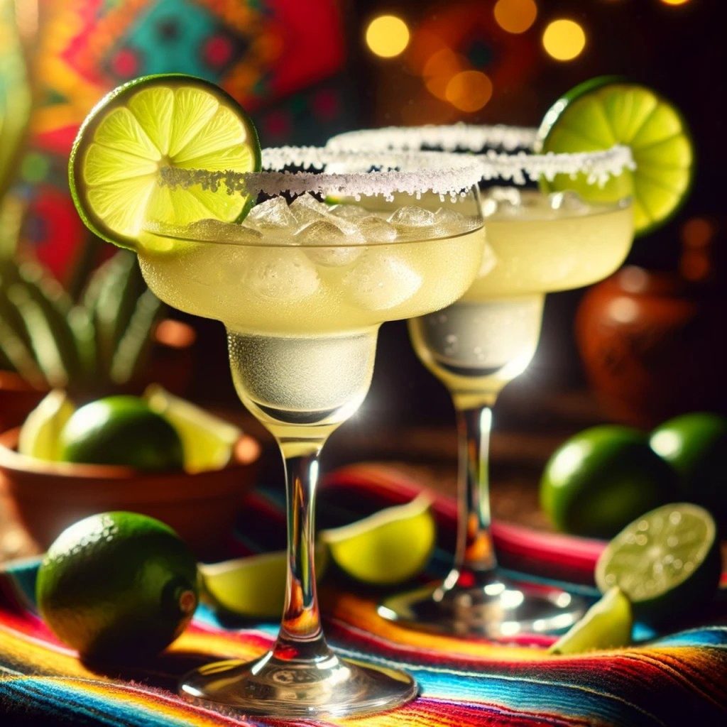 Two margarita glasses with lime twists.